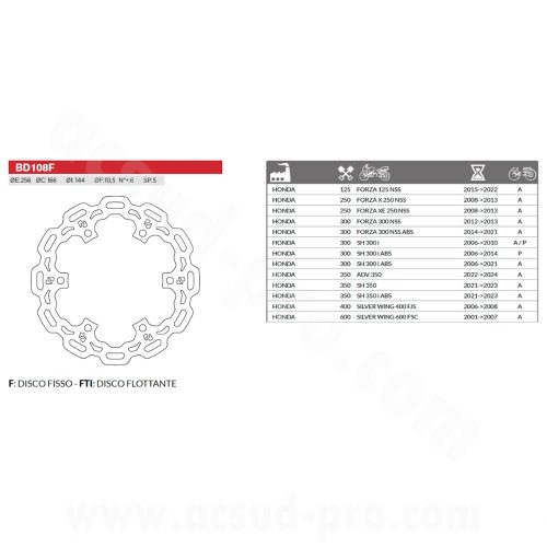 Féktárcsa HONDA SH 300 2007-2014 - SH 350 - FORZA 300 2014-2017  Ø256mm BRENTA